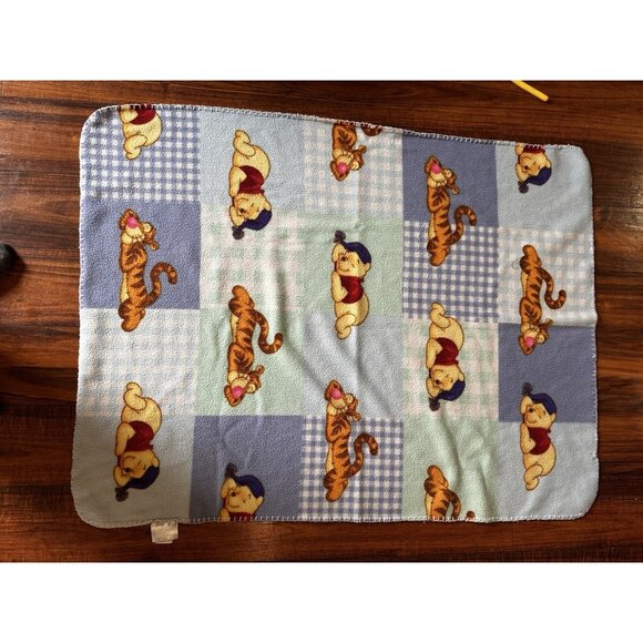 Disney Baby Blanket Winnie the Pooh Tigger Sleeping Patchwork Fleece Blue Vtg - Picture 3 of 10